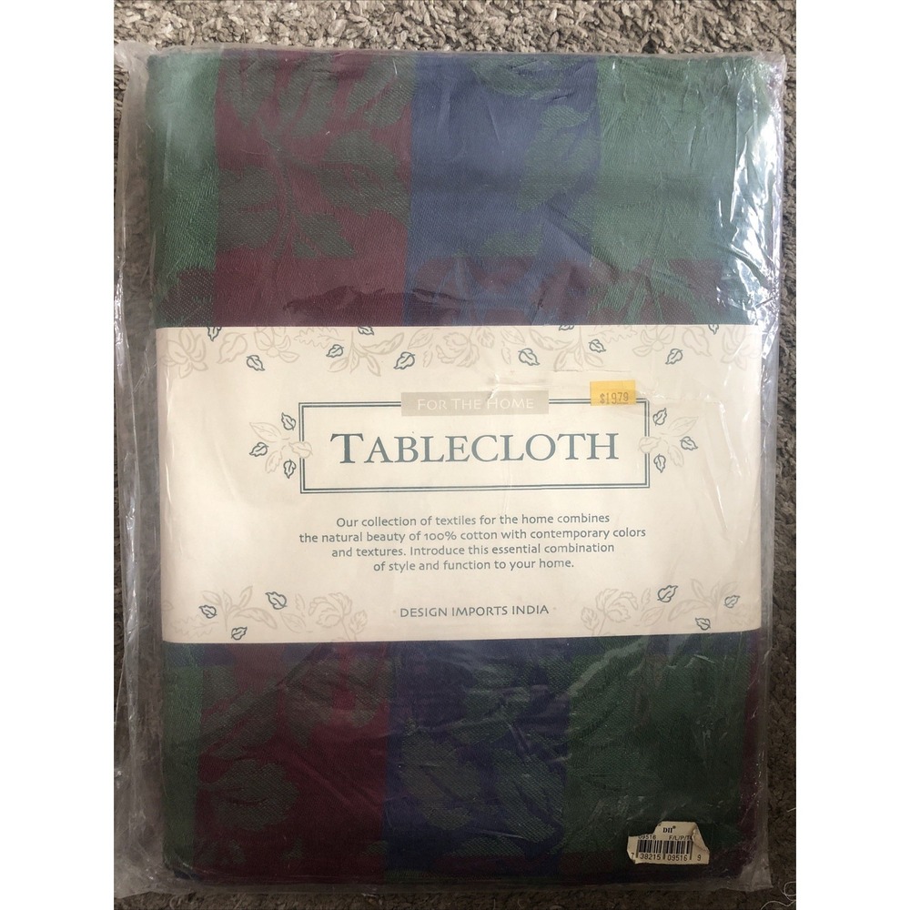 Vtg Design Imports India Tablecloth Plaid  Multicolor Leaves 100% Cotton 52x52
